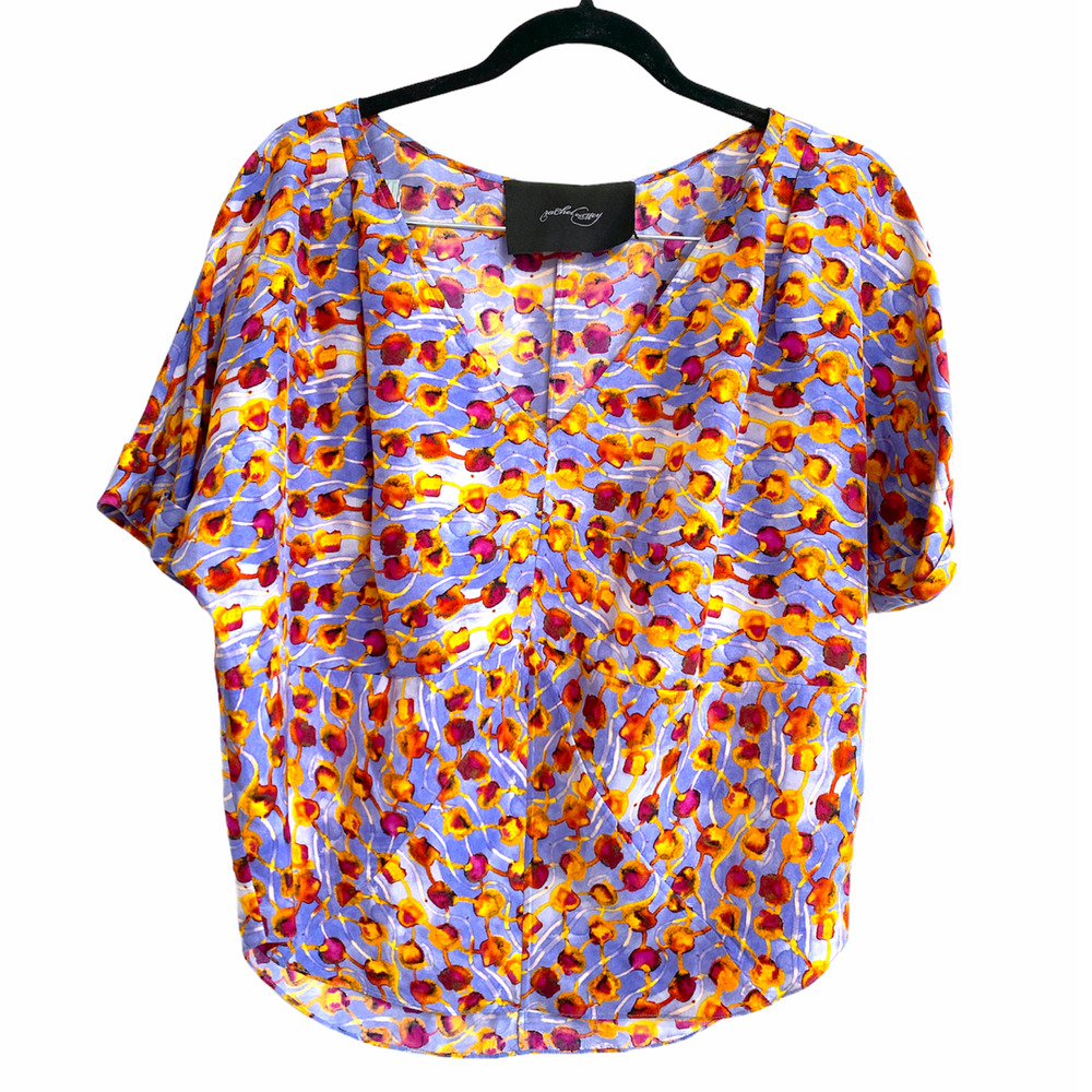 Rachel Comey Silk Short Sleeve Blue Print Blouse